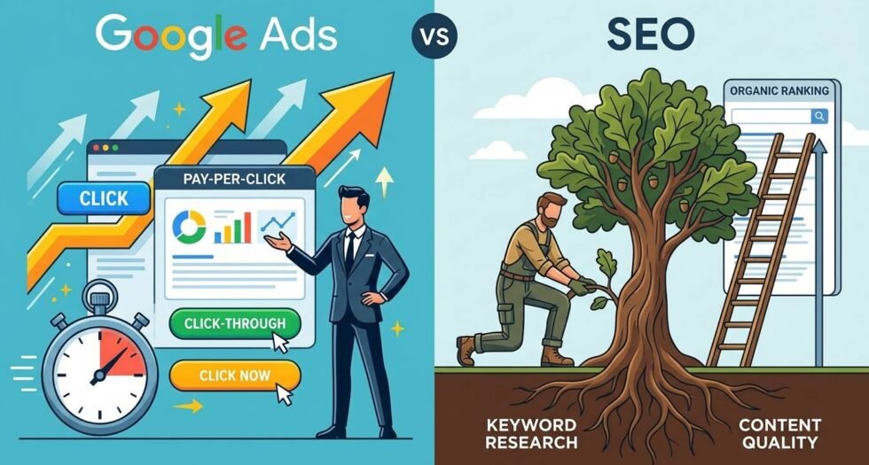 Gráfico comparativo entre publicidad paga en Google Ads (SEM) vs. posicionamiento orgánico (SEO) para visibilidad de negocios.
