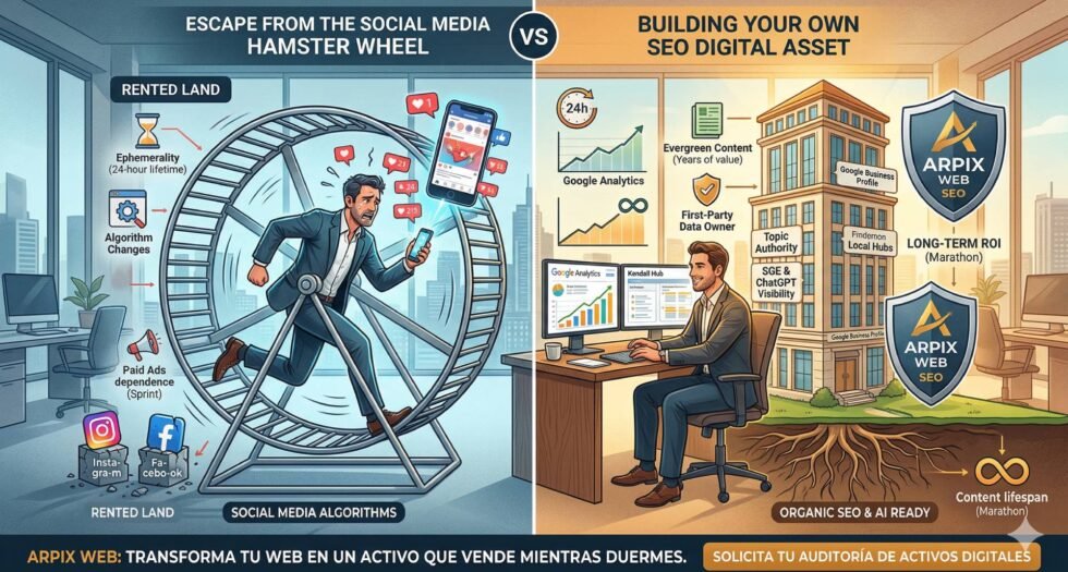 Infografía comparativa de marketing digital: la rueda del hámster de las redes sociales frente a la construcción de un activo digital con SEO orgánico y visibilidad en IA para Arpix Web