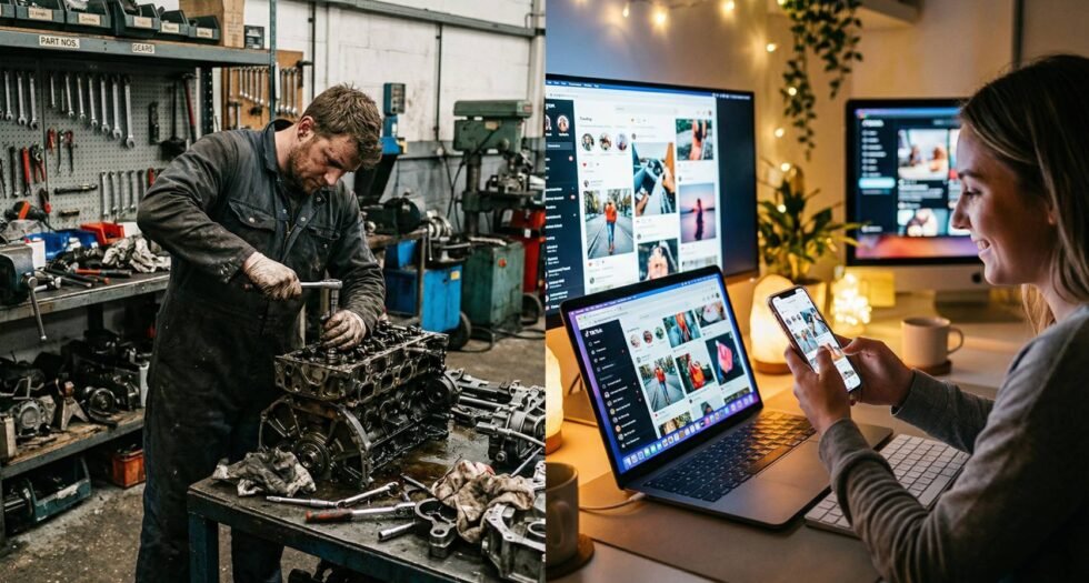 Contraste entre un mecánico trabajando en su taller y una creadora de contenido editando videos para TikTok, representando la transformación digital de los negocios locales.